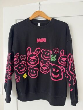 Black Graphic Rabbit Bear Crewneck Sweatshirt with Neon Pink Accents